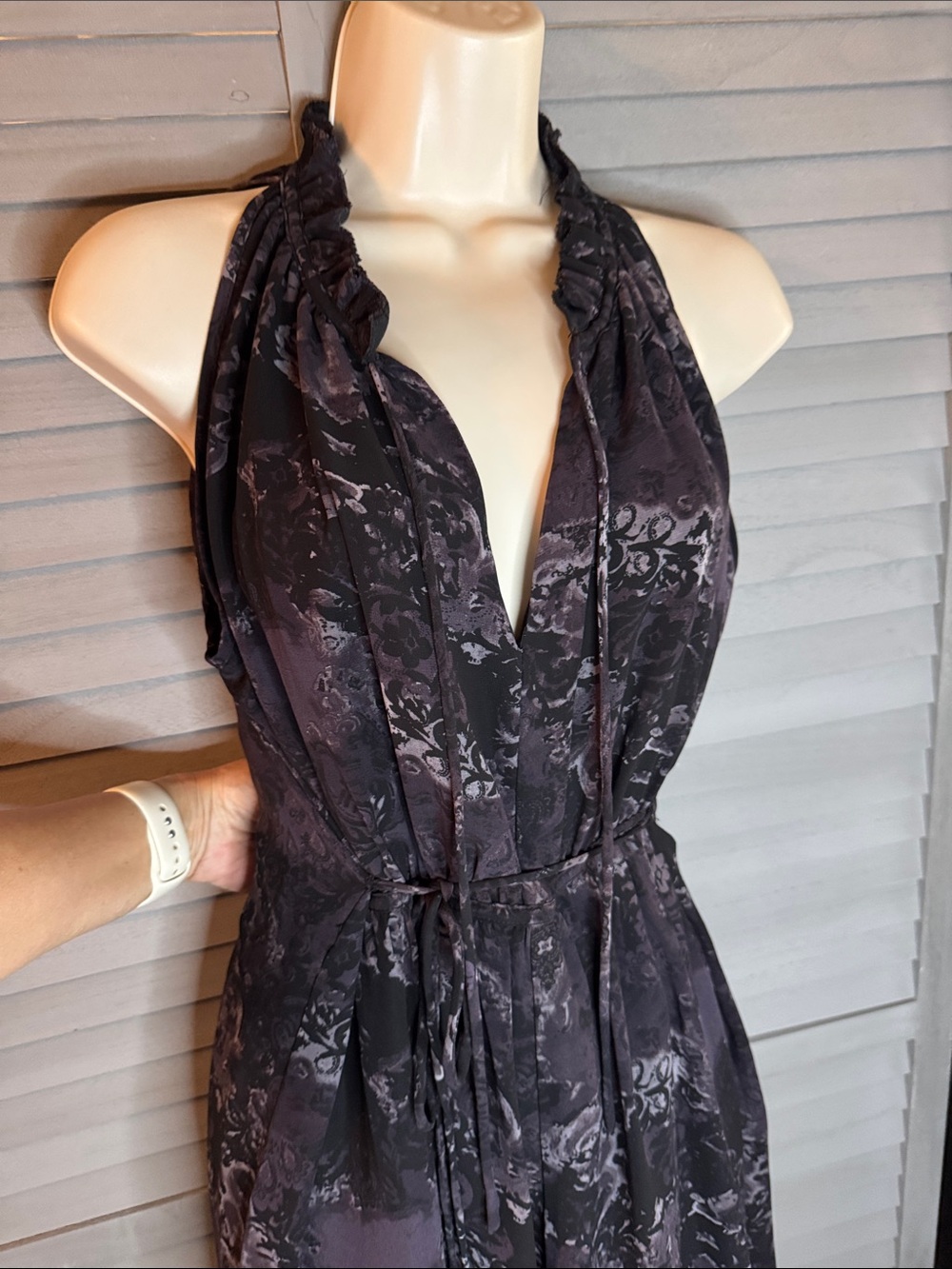 Converse One-Shoulder Floral Jacquard Dress in Deep Purple and Black